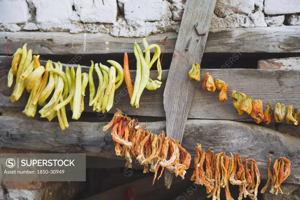 Turkey Aydin Province Sirince, Strings of chilies hanging up to dry