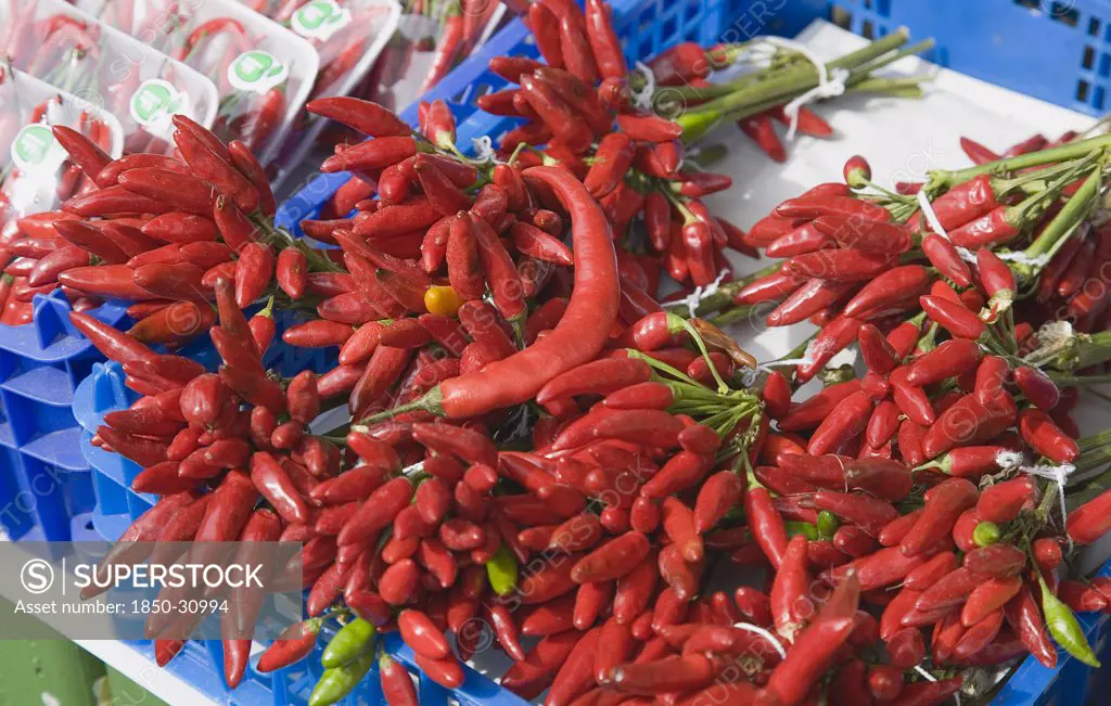 Austria Vienna, Bunches of red chillies for sale on market stall