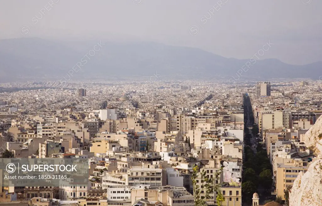 Greece Attica Athens, View across city from the Acropolis to Mount Parnitha