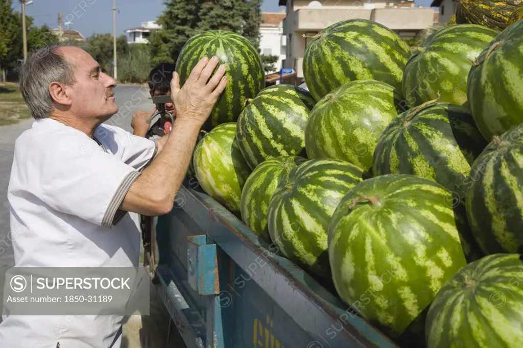 Turkey Aydin Province KUSAdasi, Unloading fresh  striped green melons delivered to the head chef at Hotel Ladies Beach