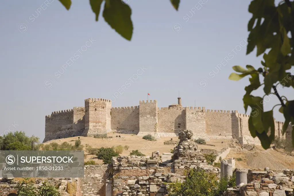 Turkey Izmir Province Selcuk, The grand fortress of Selcuk on Ayasoluk Hill with crenellated walls and towers
