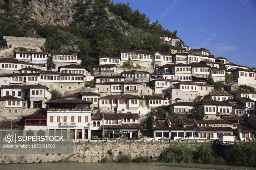 Albania Berat, Houses built on hillside on the banks of the River Osum