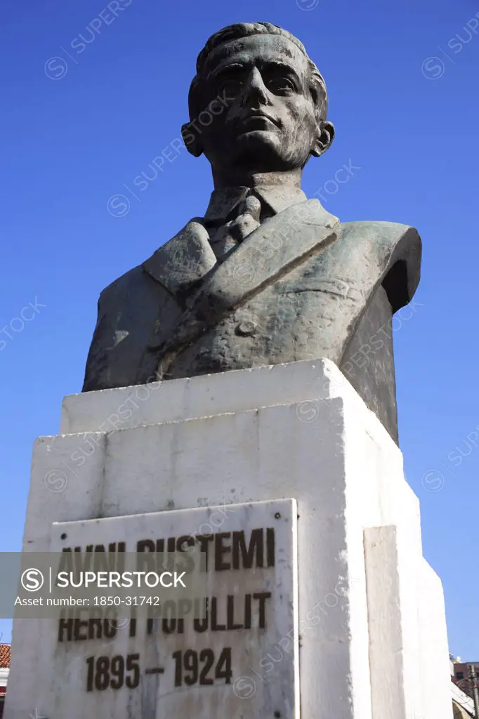 Albania, Tirane, Tirana, Portrait bust of the democratic leader Avni Rustemi who was assassinated in June 1924.