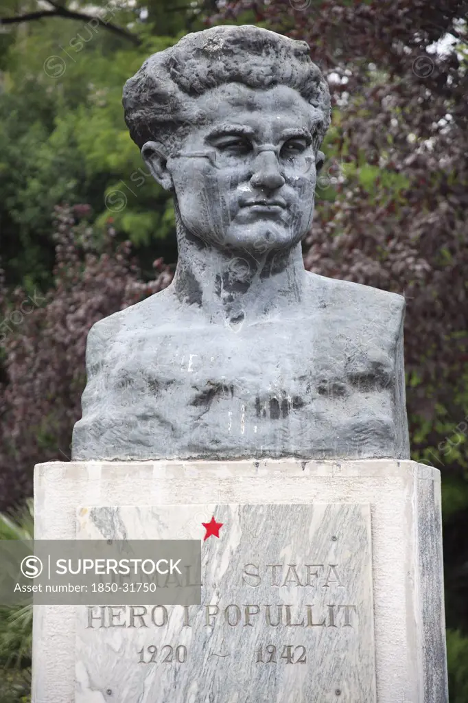 Albania, Tirane, Tirana, Portrait bust of Qemal Stafa  founding member of the Albanian Communist Party and active in the National Liberation Movement  Albania during World War II  he was killed by Italian fascist forces in 1942.