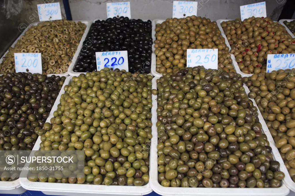 Albania, Tirane, Tirana, Display of olives for sale in the Avni Rustemi Market.