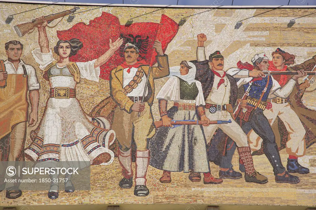 Albania, Tirane, Tirana, Detail of mosaic on the exterior facade of the National History Museum representing the historical development of Albania.