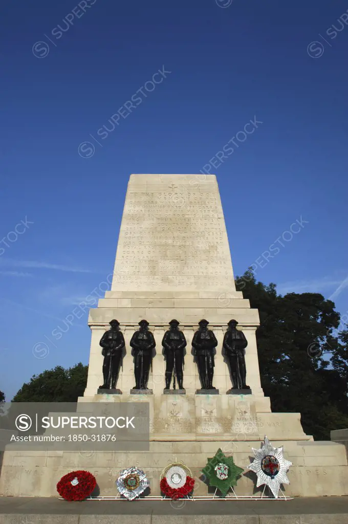 England, London, St James Park  Horse Guards Parade   Guards Memorial with wreaths laid in front