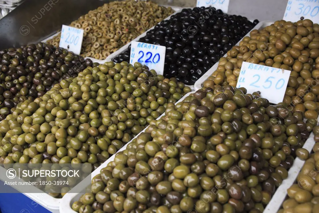 Albania, Tirane, Tirana, Display of olives for sale in the Avni Rustemi Market.