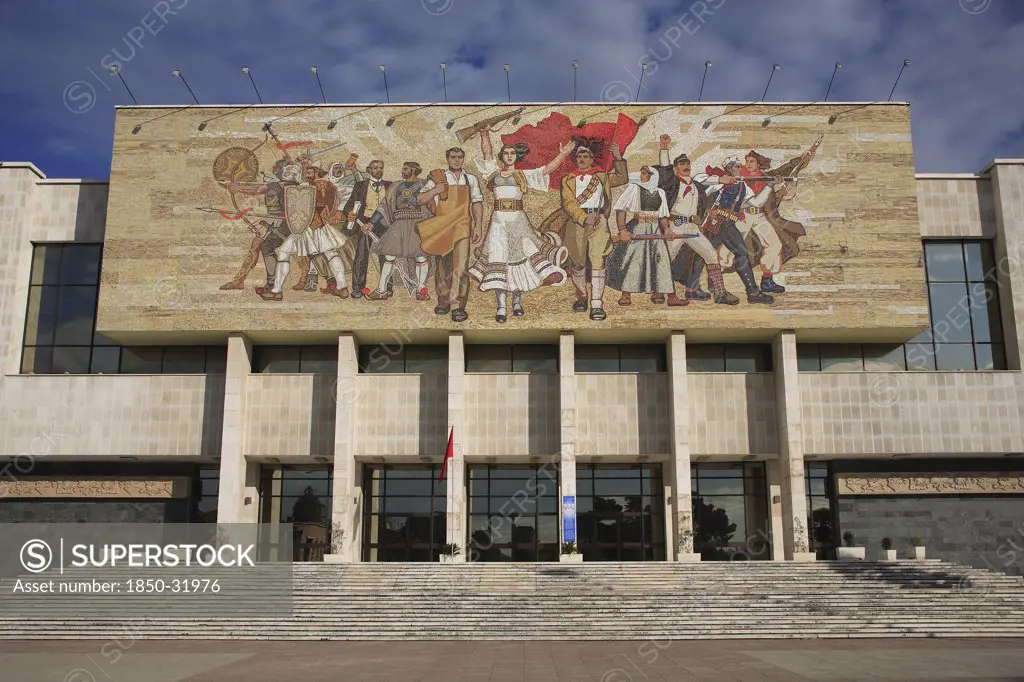 Albania, Tirane, Tirana, National History Museum exterior facade with mosaic representing the historical development of Albania above entrance.