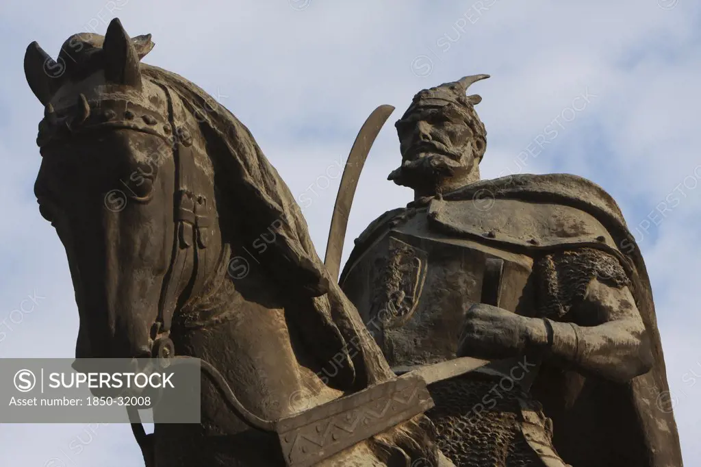 Albania, Tirane, Tirana, Part view of equestrian statue of George Castriot Skanderbeg  the national hero of Albania.