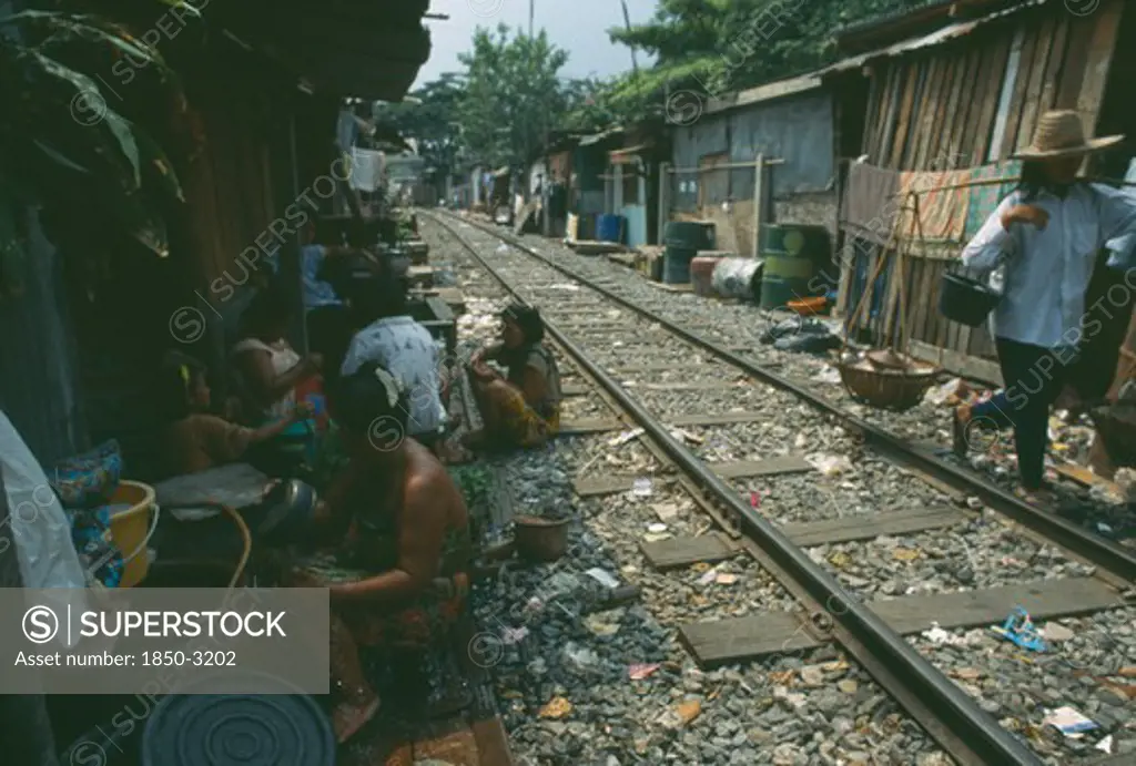 Thailand,  , Bangkok, Klong Toey Slums Housing Along Rail Track