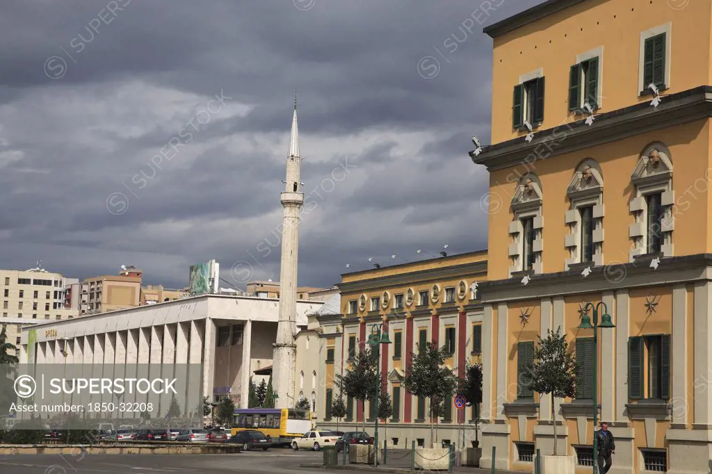 Albania, Tirane, Tirana, Opera House  Ethem Bey Mosque and government buildings in Skanderbeg Square.