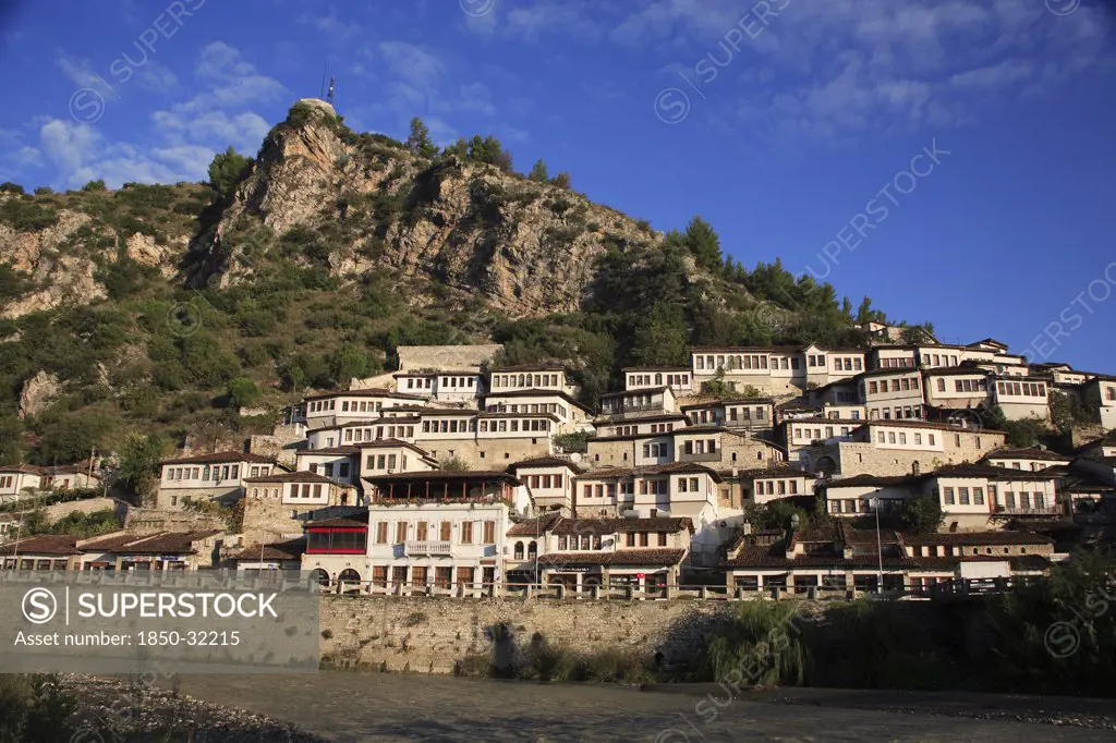 Albania, Berat, Traditional Ottoman buildings on hillside above the River Osum.
