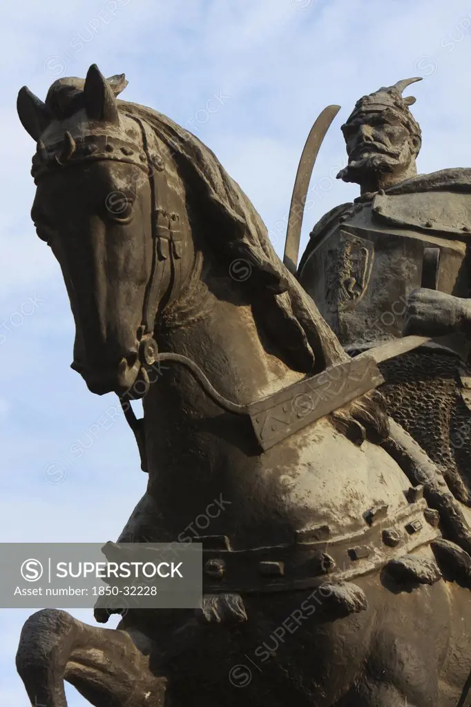 Albania, Tirane, Tirana, Part view of equestrian statue of George Castriot Skanderbeg  the national hero of Albania.