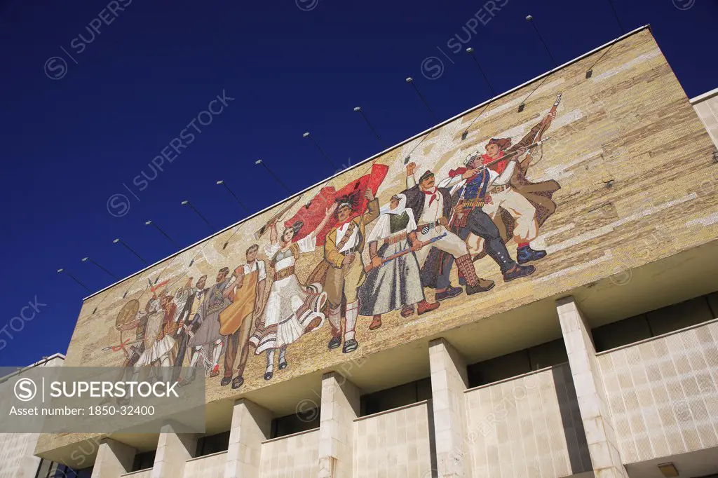 Albania, Tirane, Tirana, National History Museum. Mosaic on the exterior facade of the National History Museum in Skanderbeg Square.