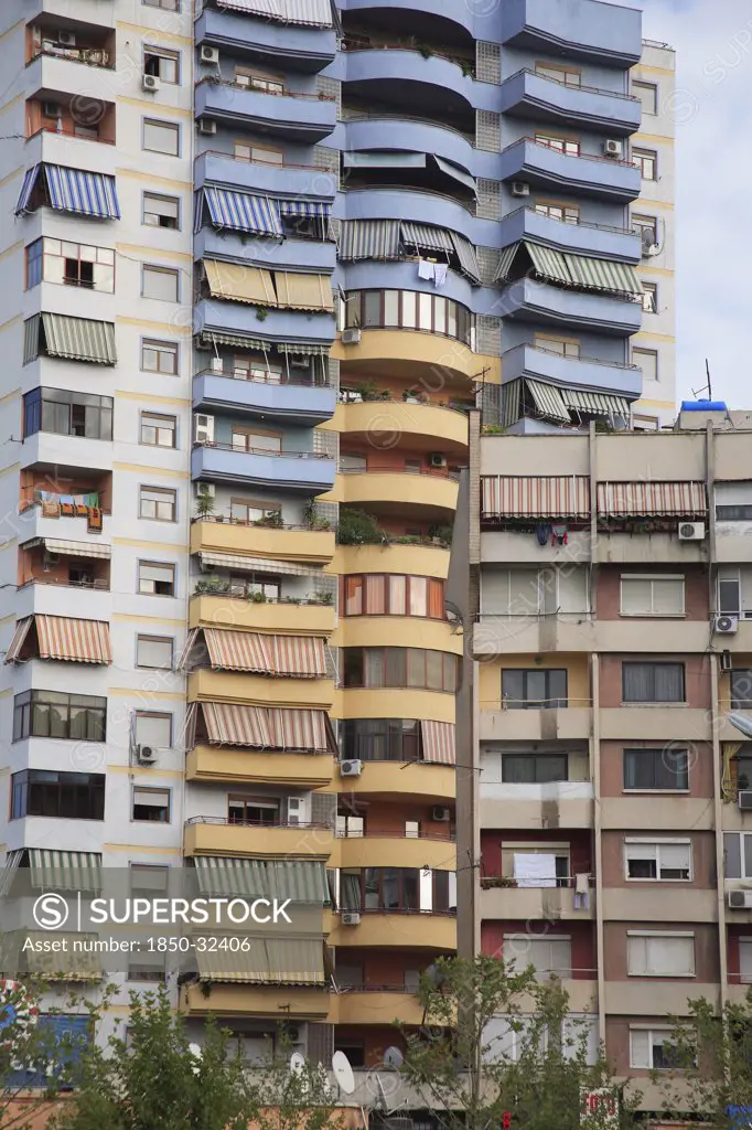 Albania, Tirane, Tirana, Part view of exterior facade of apartment block.