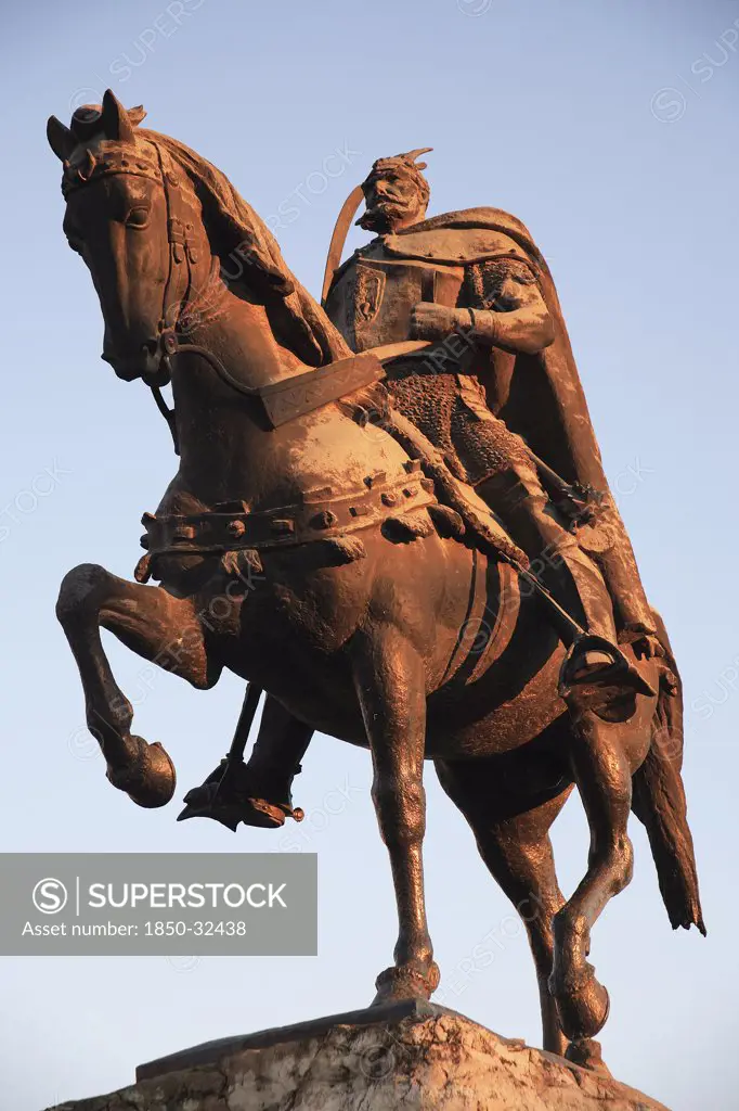 Albania, Tirane, Tirana, Equestrian statue of national hero George Castriot Skanderbeg also known as the Dragon of Albania.