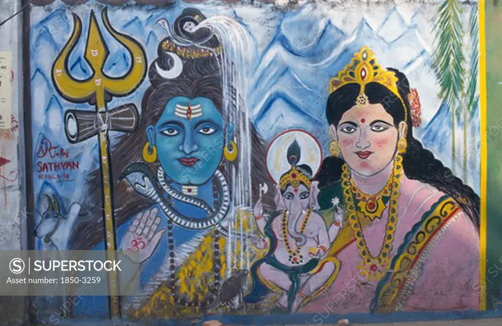 India, Uttar Pradesh, Agra , Ganesh Shiva And Parvati Mural.