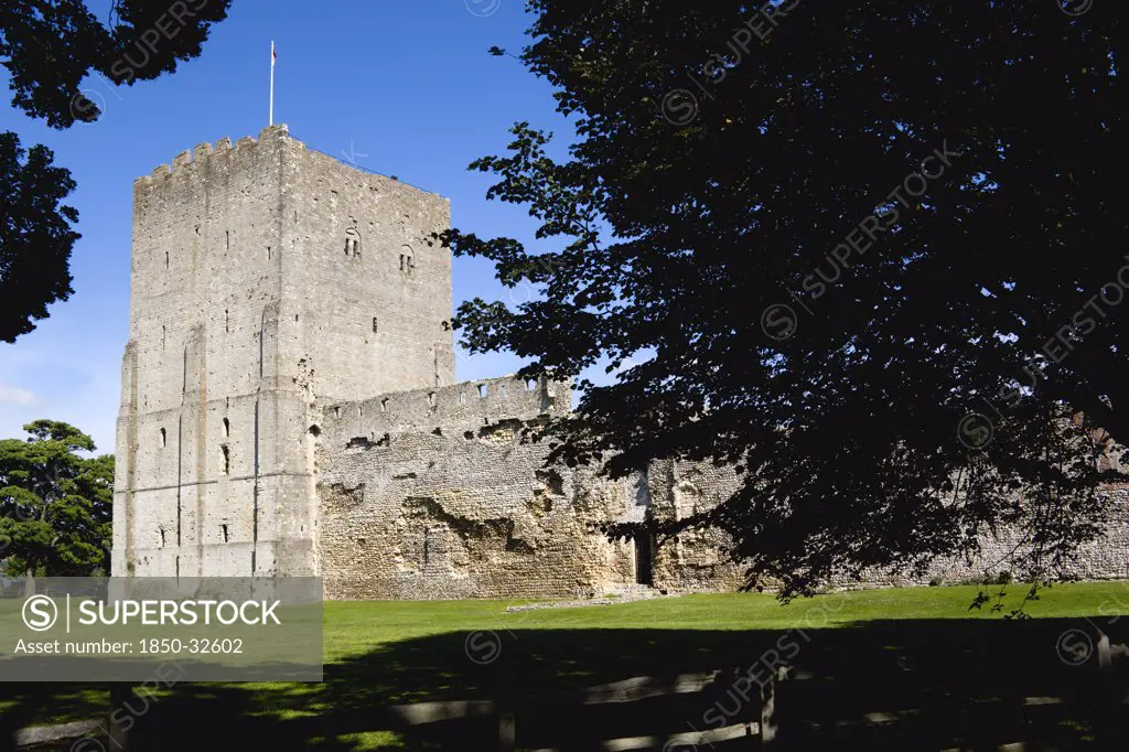 England, Hampshire, Portsmouth, Portchester Castle showing the Norman 12th Century Tower built within the Roman 3rd Century Saxon Shore Fort.