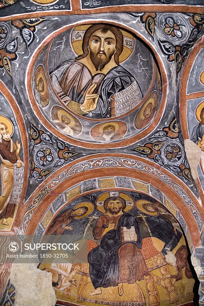 Turkey, Cappadocia, Goreme, Goreme Open Air Museum, The Dark Church, So named because it had very few windows. The frescoes date from the 11th century. Dark Church is known in Turkish as Karanlik Kilise, Christ as Pantocrator.