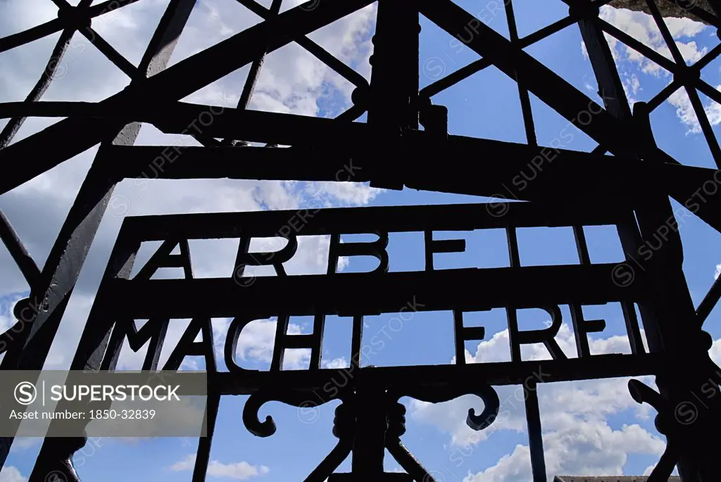 Germany, Bavaria, Munich, Dachau World War II Nazi Concentration Camp Memorial Site, Arbeit Macht Frei slogan on the gate means Freedom through Work.