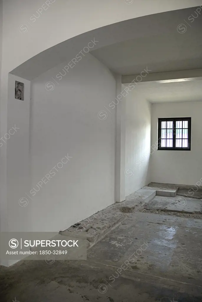 Germany, Bavaria, Munich, Dachau World War II Nazi Concentration Camp Memorial Site, empty interior reconstructed prisoner barracks.