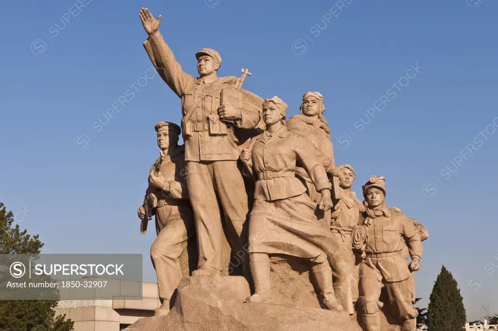 China, Beijing, Tiananmen Square, A statue outside the Mausoleum of Mao Zedong.