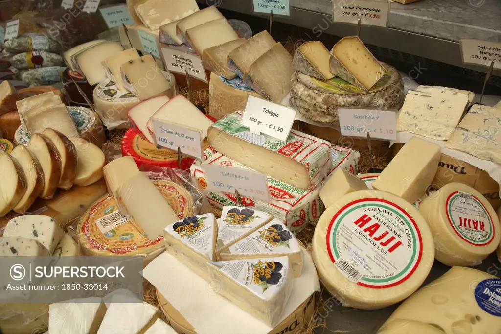 Austria, Vienna, Display of cheese in the Naschmarkt.