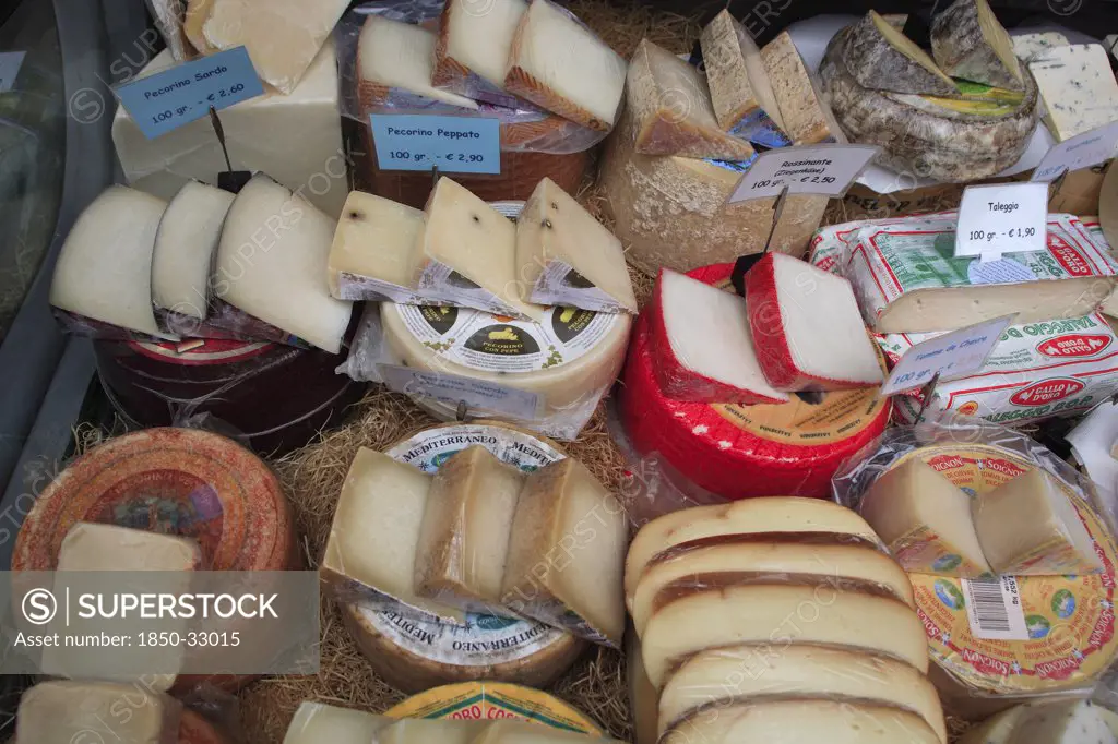 Austria, Vienna, Display of cheeses in the Naschmarkt.