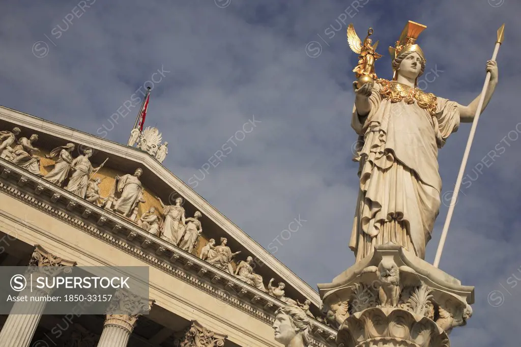 Austria, Vienna, Statue of Athena in front of Parliament.