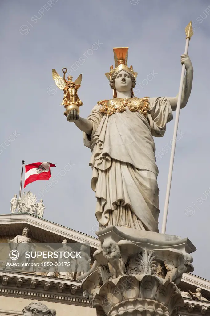 Austria, Vienna, Statue of Athena in front of Parliament.