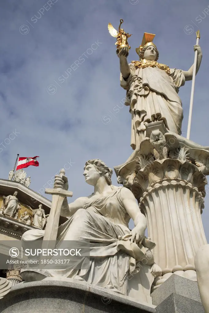 Austria, Vienna, Statue of Athena in front of Parliament.