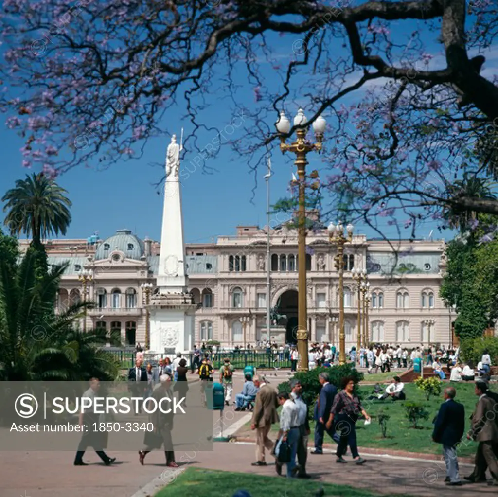 Argentina, Buenos Aires, 'Plaza De Mayo, Piramide De Mayo, Casa Rosada, People, Jacaranda Tree '
