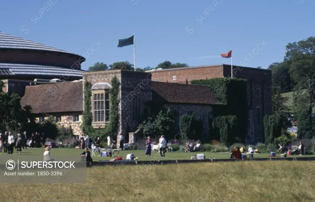 England, East Sussex, Glyndebourne, 'New Theatre, Exterior With Audience Members Crossing The Lawn In Front'