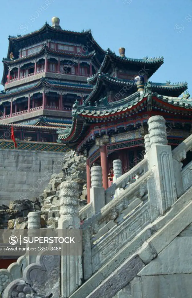 China, Beijing, Summer Palace, Stone Staircase Leading Up Toward Pagodas