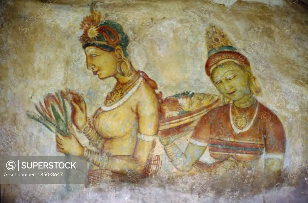 Sri Lanka, Sigiriya, Rock Painting Of Two Women In Cave On The Side Of The Hindu Hill Temple Fort