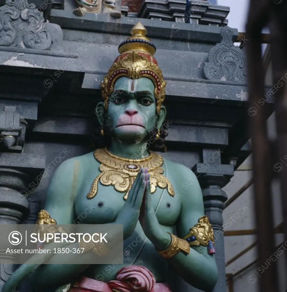 Singapore, Sri Ramar Sannadhi, Close Up Of Colourful Statue Of Green Monkey God Hanuman