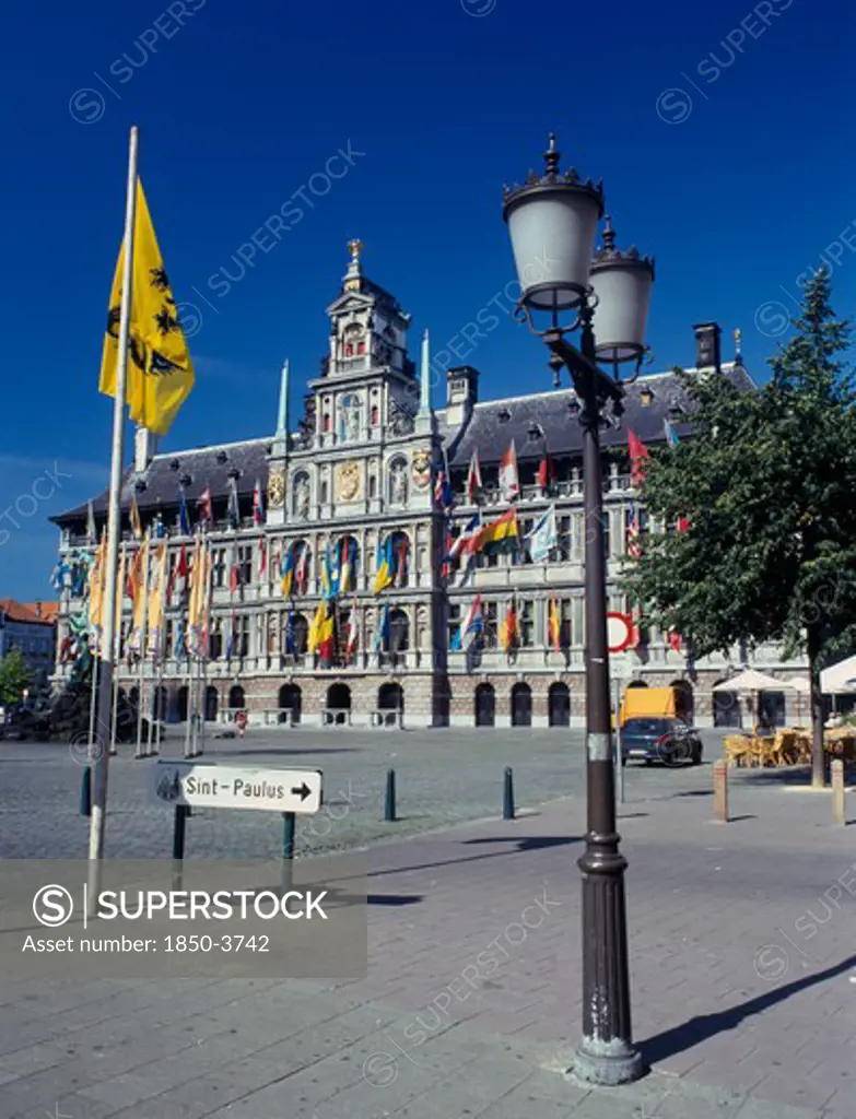 Belgium, Flemish Region, Antwerp, 'Town Hall And Main Square, Grote Markt, With A Lamppost And Flag In The Foreground.'