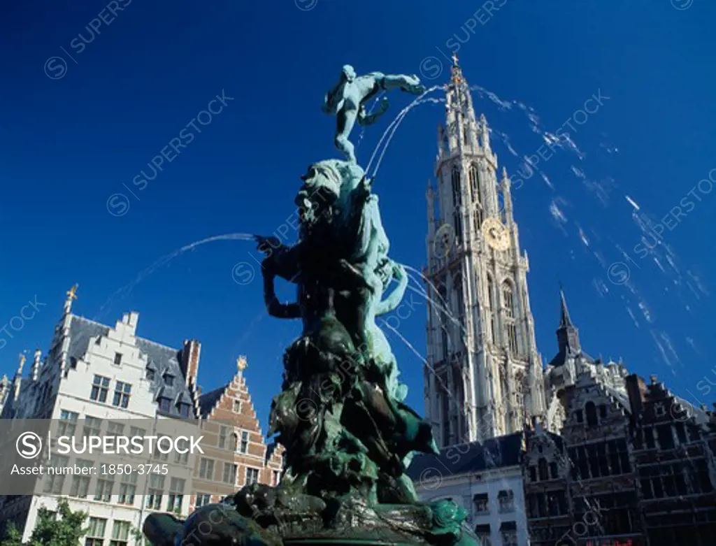 Belgium, Flemish Region, Antwerp, 'The Brabo Fountain, Tower Of Our Lady'S Cathedral & Main Square, Grote Markt Facade.'