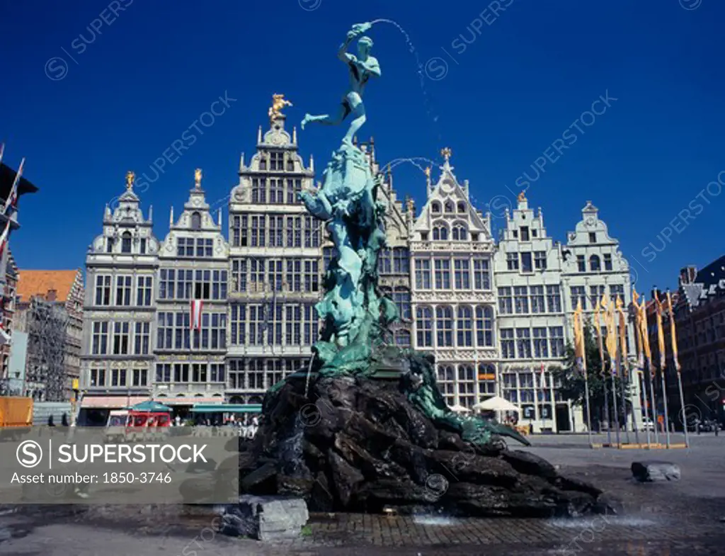 Belgium, Flemish Region, Antwerp, 'The Brabo Fountain And North Side Of The Main Square, Grote Markt.'