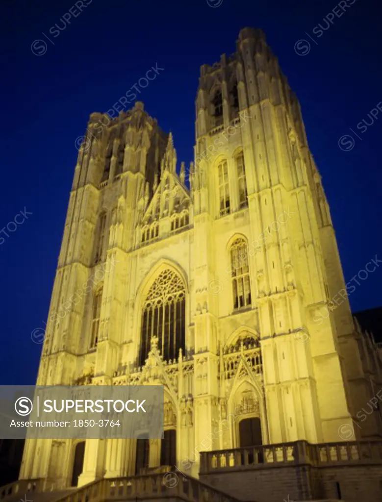 Belgium, Brabant, Brussels, 'The Saint Michael, Saints Michel, And Gudule Cathedral Illuminated At Night.'