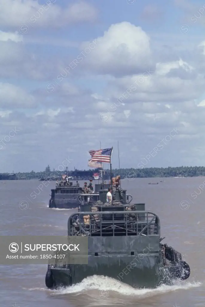 Vietnam, Vietnam War, 1969, Us Navy Tango Armoured Troop Carriers In The Mekong Delta