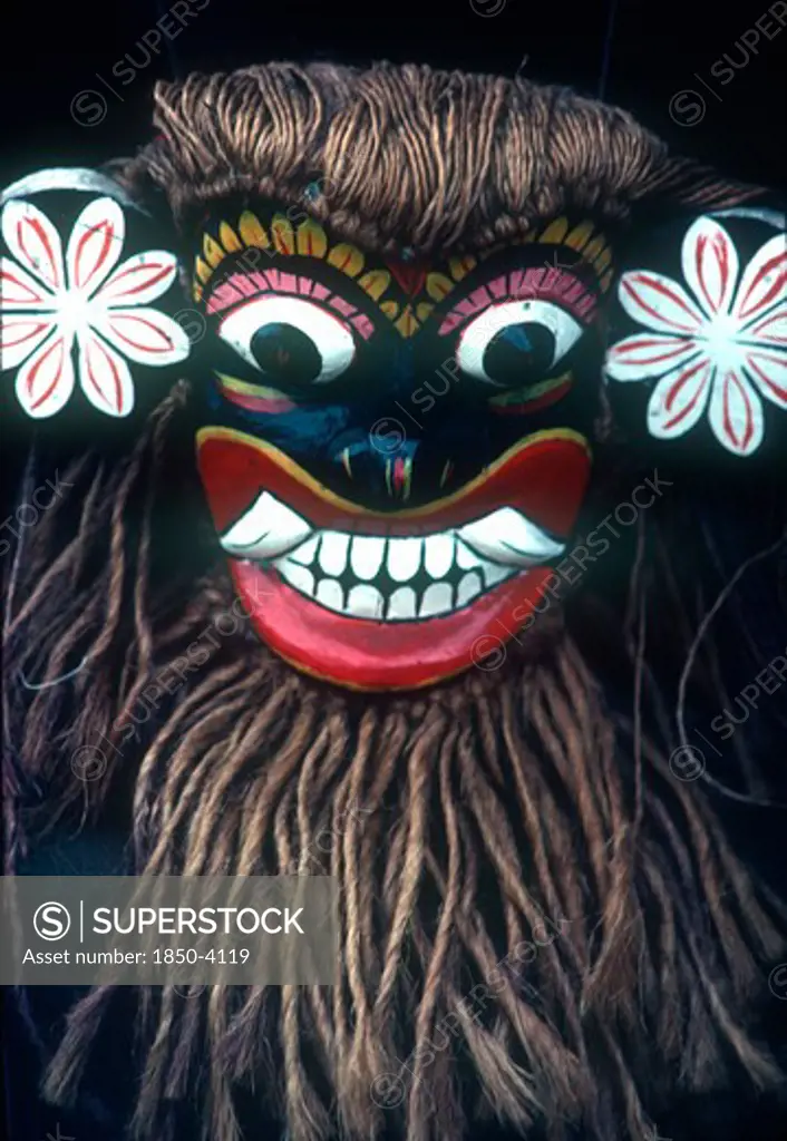 Sri Lanka, Bentota, Close Up Of Carved Mask With Coir Hair