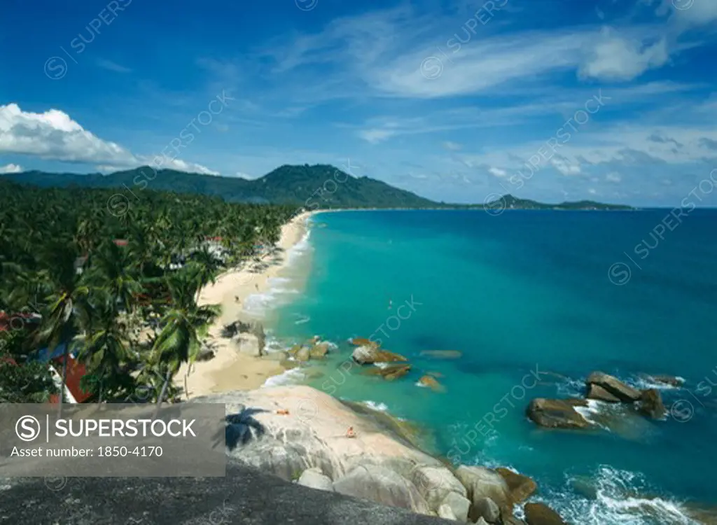 Thailand, East Coast, Koh Samui, 'View Over Lamai Beach, Palm Trees, Rocks Hills Behind '