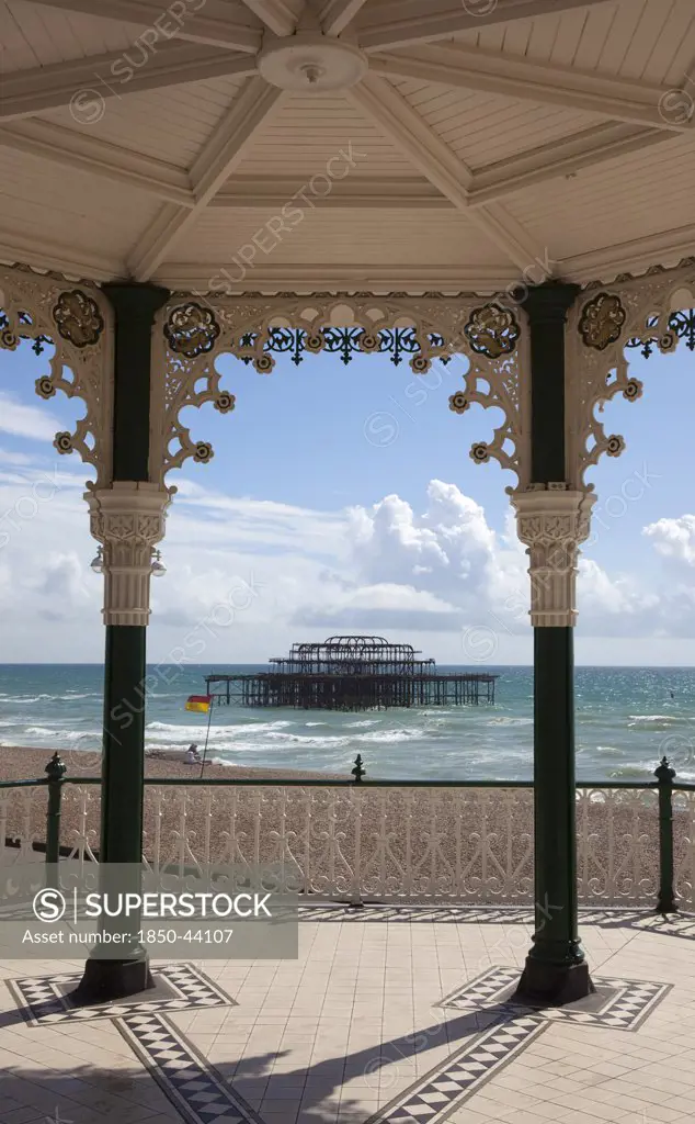 England, East Sussex, Brighton, Kings Road Arches restored seafront Victorian bandstand.