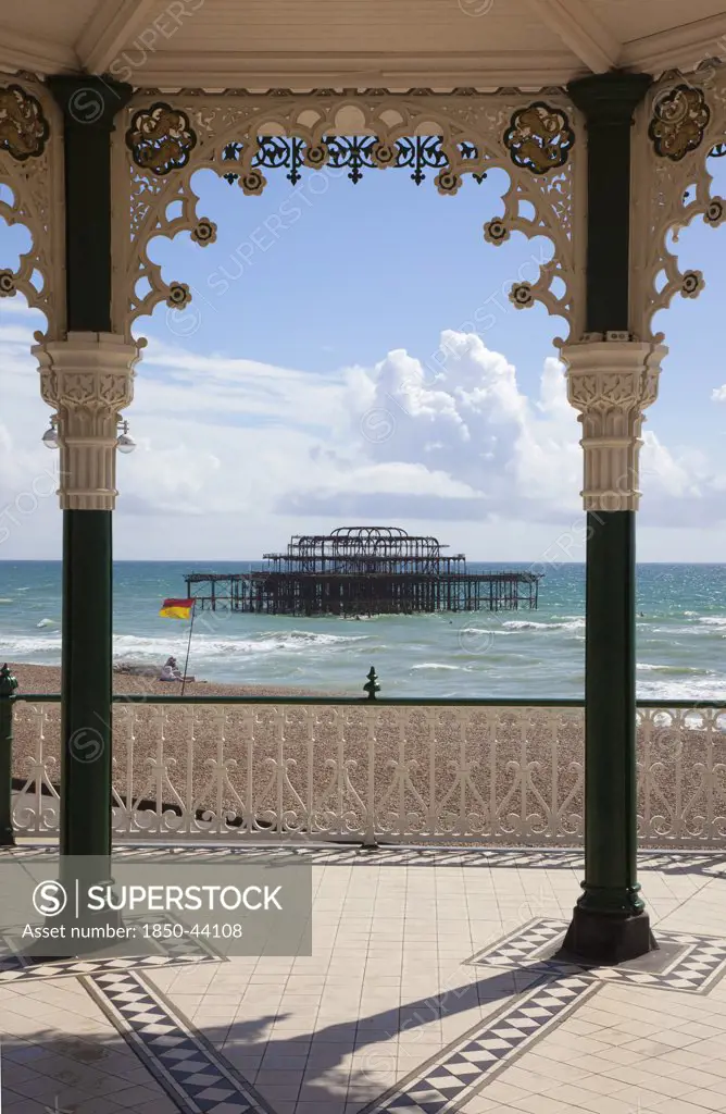 England, East Sussex, Brighton, Kings Road Arches restored seafront Victorian bandstand.
