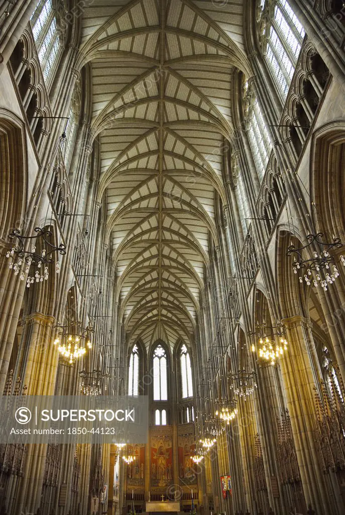 England, West Sussex, Shoreham-by-Sea, Lancing College Chapel interior view of the nave.