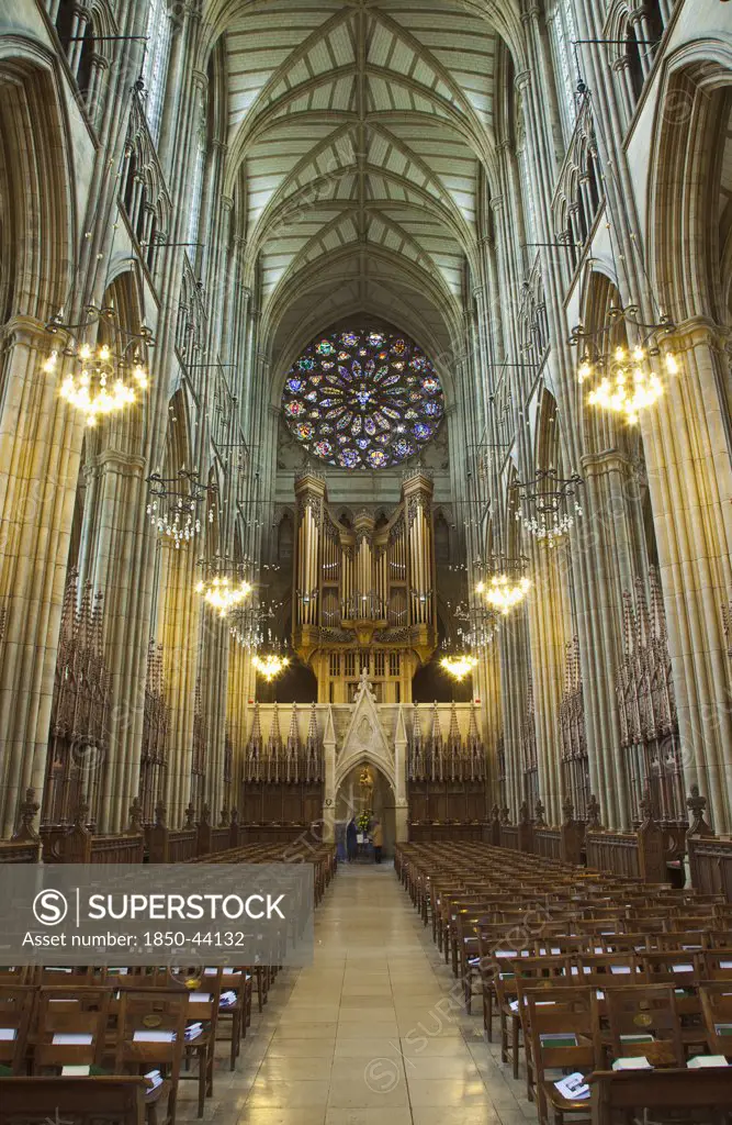England, West Sussex, Shoreham-by-Sea, Lancing College Chapel interior view of the Nave.
