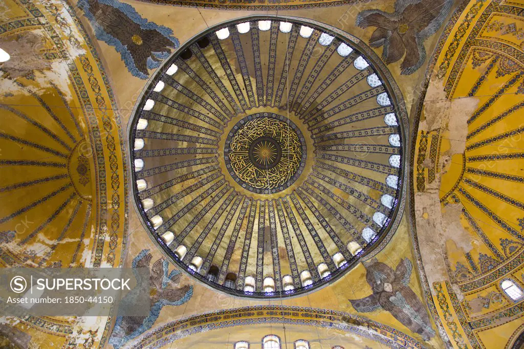 Turkey,  Istanbul, Sultanahmet Haghia Sophia Central dome with murals of seraphs or angels.