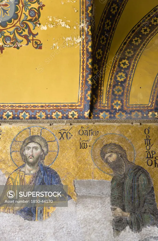 Turkey,  Istanbul, Sultanahmet Haghia Sophia the 13th Century Deesis mosaic of Jesus Christ and St John The Baptist in the South Gallery.